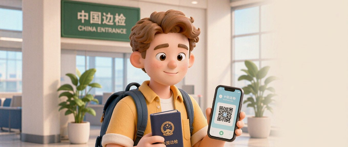 A traveller at the airport holding a passport and a phone showing the digital arrival card