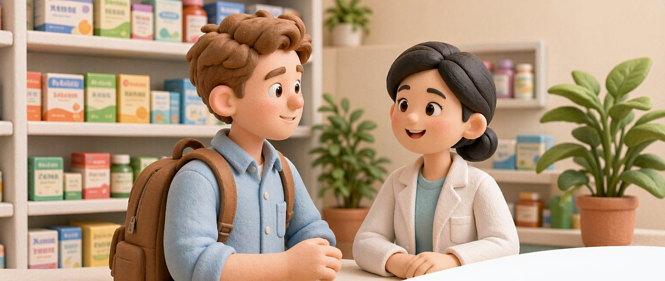 A traveller talking to a doctor at a clinic pharmacy counter