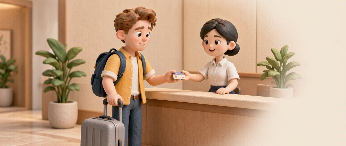 A traveller with a suitcase checking in at a hotel reception desk