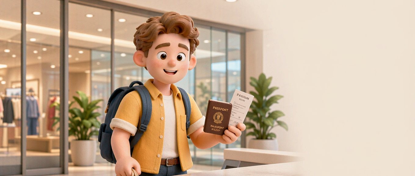 A traveller with shopping bags and a passport at a tax-refund counter in a mall